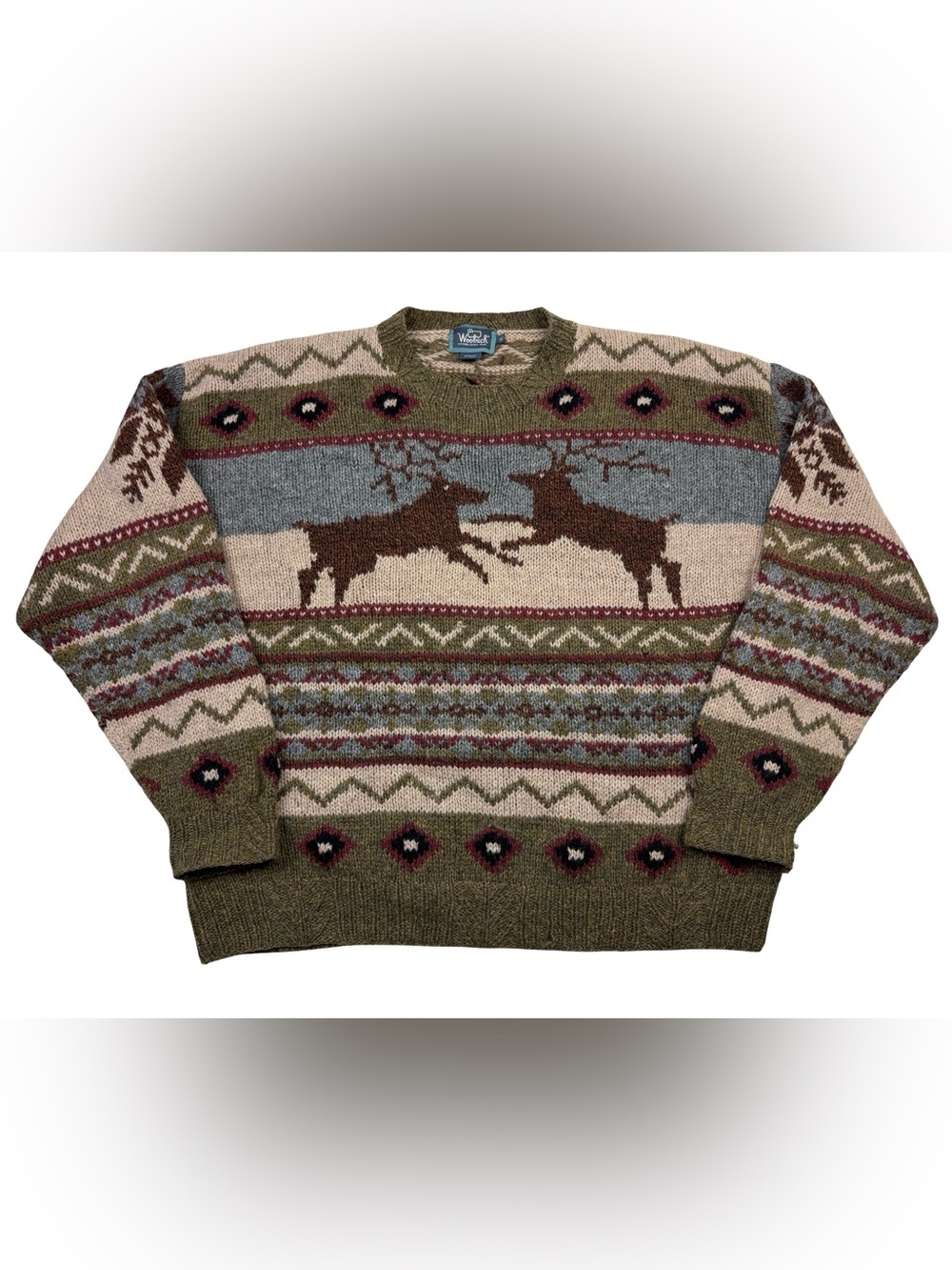 Woolrich Sweater Mens XL Multi Deer Nordic Fair Isle Norwegian Wool Vintage VTG